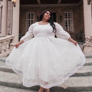 White Fit and Flare Wedding Dress with 3/4 Bishop Sleeves and Square Neckline